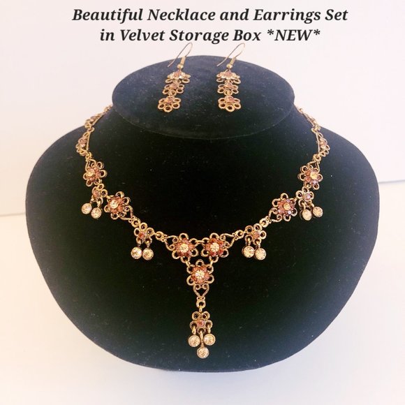 Necklace & Earrings Set in Velvet Storage Box *NEW* - Picture 1 of 4